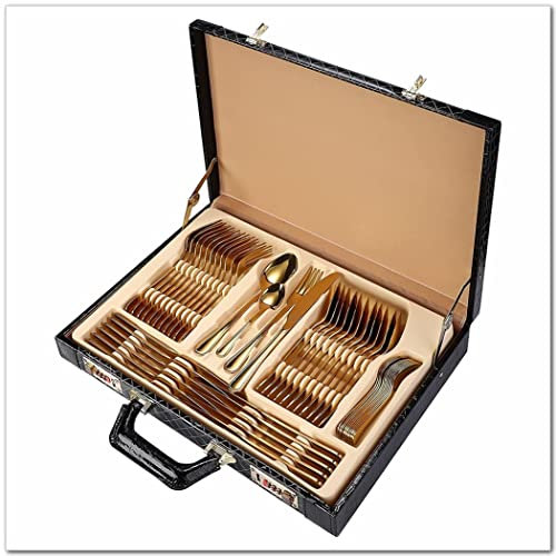 QNDUGJFER Stainless Steel Tableware Cutlery Set, 48-piece Flatware Set with Portable Storage Chest Box,Stainless Steel Silverware Set, Mirror Polished Cutlery Dishwasher Safe (Gold)