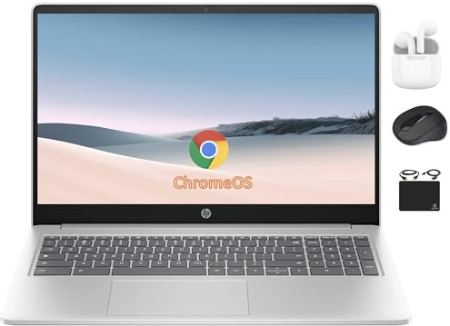 HP Chromebook 15.6 HD Flagship Laptop for Student Business, Quad-Core Intel N200 Processor, 8GB RAM, 320GB Storage (64GB eMMC + 256GB Card), Webcam, WiFi, Long Battery, Chrome OS+HubxcelAccessory