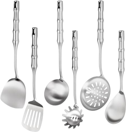 304 Stainless Steel Cooking Utensils Set, Stainless Steel Kitchen Utensils, 12 PCS Long Large Metal Cooking Utensil Tools Set, Potato Masher, Fork, Tongs, Pasta, etc (Dishwasher Safe)