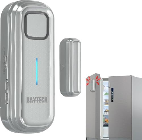 DAYTECH Alarma de puerta de nevera con retardo de 1/2/3/4 minutos cuando se abre la ventana, alarma de cierre de puertas, recordatorio de sensor de puerta del congelador o timbre de 0 a 120 dB para
