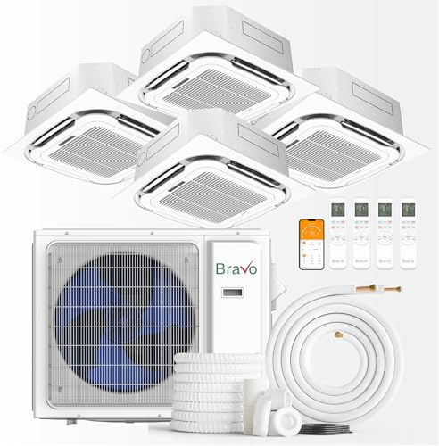 BRAVO 36,000 BTU 4-Zone 9000 + 9000 + 9000 + 12000 BTU Ceiling Cassette, 23 SEER2 Ductless Mini Split AC & Heat Pump – Includes Smart Control & 25FT Installation Kits – Inverter System