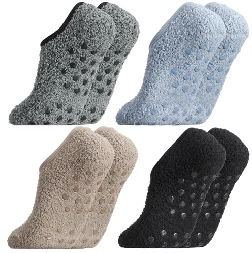 Utensilsto 4 Paar Kuschelsocken Damen 35-40 Stoppersocken Damen Wintersocken Haussocken Rutschfestesocken Thermosocken Antirutschsocken Flauschige Socken mit Noppen(schwarz+grau+dunkelblau+hellbraun)
