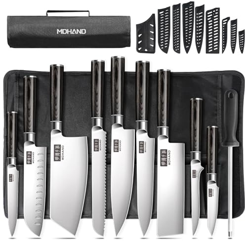MDHAND Messerset mit Nylon Rolltasche, 10-tlg Scharfe Küchenmesser Set aus Edelstahl in Mehreren Größen mit Bequemen Griff mit Kochmesser, Brotmesser, Santokumesser, Gemüsemesser, Filetiermesser