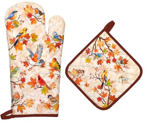 Arquiel Fall Bird Oven Mitts and Pot Holders -100% Cotton, Heat Resistant Extra Long Oven Gloves & Hot Pads for Cooking BBQ Grilling Baking Gift, Set of 2