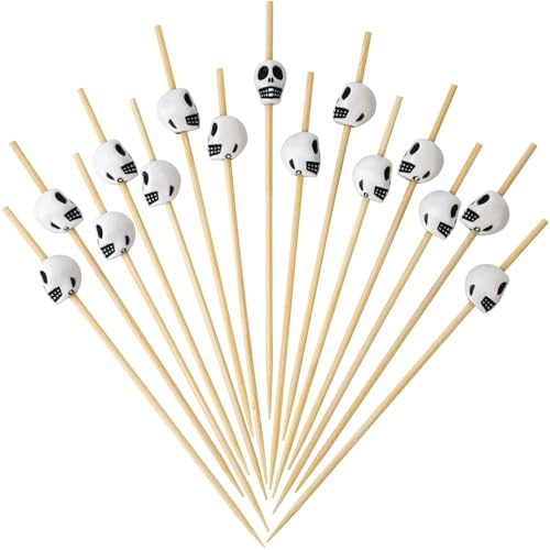 100 Pcs Halloween Cocktailspieße 12 cm Holzspieße Fingerfood Bambusspieße Cocktail Picks Totenkopf Obst Zahnstocher Cocktail Sticks Skull Geist für Kuchen Dekoration (100pc)