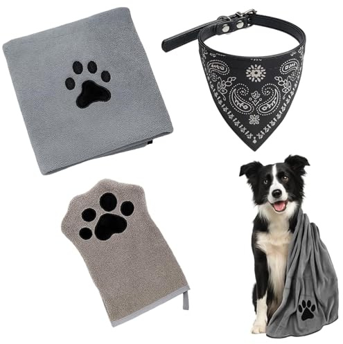 MigWoo Hundehandtuch Extra Saugfähig 50 x 90 cm, Hundehalstuch und Reinigungshandschuhe für Hunde und Katzen, Grau Schnelltrocknend Haustier Mikrofaser Handtücher
