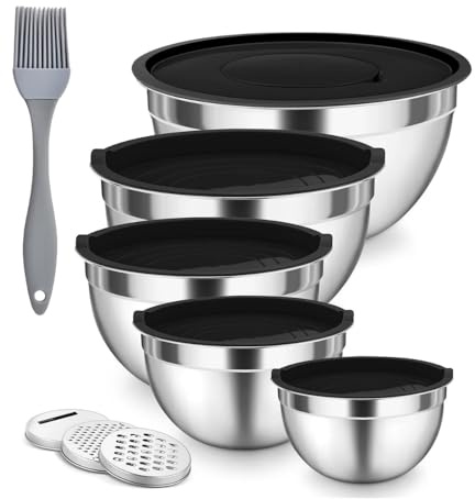 winder home rostfritt stål skål set om 5 + bakpensel silikon, blandningsskål med lock lufttätningar, 3 rivtillbehör, mätmärken och halkfria golv, storlek 4,1/2,3/1,6/1/0,6 QT