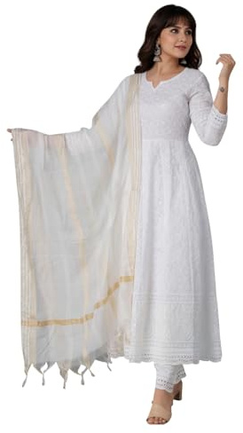 Kraphooli Chikankari Cotton Anarkali Kurti Set for Women – Summer Dress with Kurta, Pant, and Dupatta with Embroidery – Traditional Indian Ethnic Wear White XX-Large
