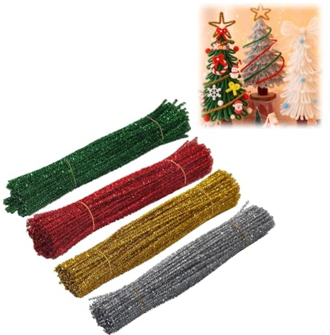 400 Stück Glitzer Pfeifenputzer zum Basteln Weihnachten, Pfeifenreiniger Bunt Zum DIY Basteln, für Weihnachts-Basteleien, Dekorationen,4 Farben Rot/Grün/Gold/Silber, 30cm × 6mm