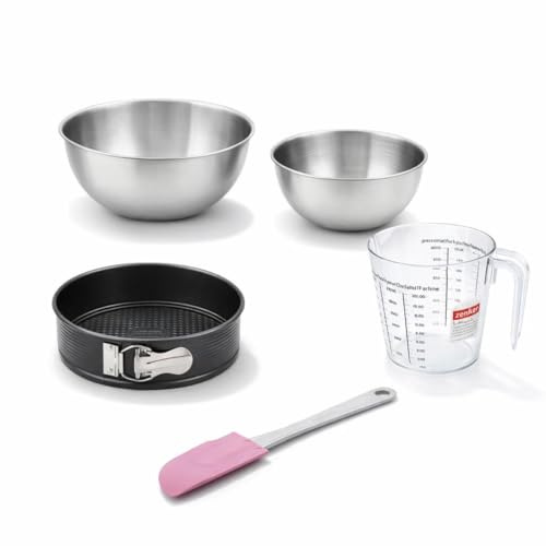 Zenker Set pâtisserie moule à manqué Teflon 20 cm avec accessoires | Cuisson sans accroche, Moule 20 cm pour gâteaux ronds, Acier avec Teflon classic, Bols 25 et 20,5 cm, Verre doseur 1 L, Inox