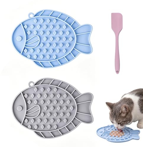 Schleckmatte Katze, Leckmatte Katze, Schleckmatte Hund Klein als 2er - Set mit Reinigungsschaber Fisch Design mit Langsamfress Struktur Aus Weichem Silikon Leicht zu Reinigen