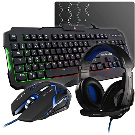 THE G-LAB Combo ARGON - Ensemble Gaming 4 en 1 - Clavier AZERTY Rétroéclairé, Souris Gamer 3200 DPI, Micro Casque, Tapis de Souris Antidérapant - Pack Gamer PC PS4 Xbox One Mac
