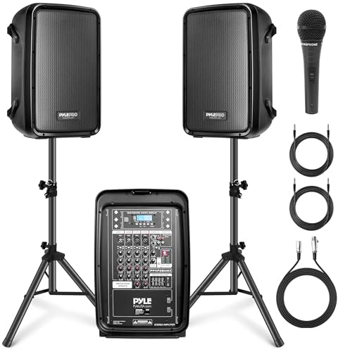 Pyle PA Speaker DJ Mixer Bundle - 300 W Portable Wireless Bluetooth Sound System w/ USB SD XLR 1/4 RCA Inputs - Dual Speaker, Mixer, Microphone, Stand, Cable - Home/Outdoor Party - PPHP28AMX,Black
