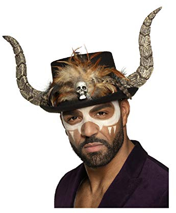 B72251 schwarz Damen Herren Voodoo Hut Zylinder mit Hörnern und Federn Papa Legba