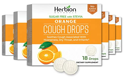 HERBION Naturals Cough Drops, Sugar-Free with Stevia, Dietary Supplement, Soothes Cough, for Adults & Children Over 6 Years, 18 Drops Each, 108 Count, Orange, Pack of 6