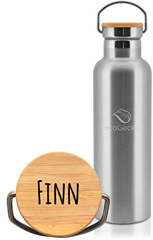 ecoGecko® Premium Edelstahl Thermosflasche 750ml | mit indivdueller Gravur | auslaufsicher (Kohlensäure geeignet) | inkl. Bambusdeckel | die hochwertige Trinkflasche für Kinder und Erwachsene