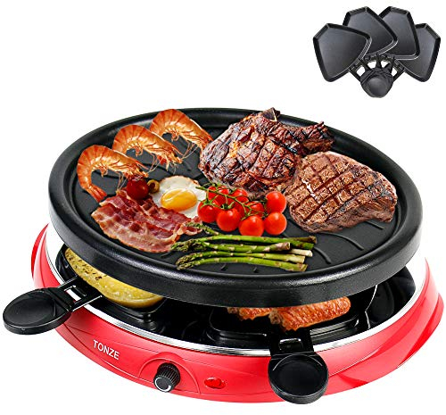 Raclette Grill 4 Personas - Parrilla Eléctrica Antiadherente con 4 Sartenes, Acero Inoxidable y Ajustable para Cenas Familiares o Fiestas