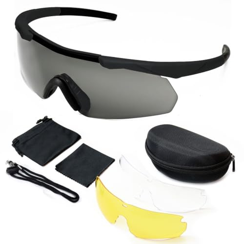 SPOSUNE Outdoor Tactical Brille mit 3 Austauschbaren Gläsern, Schlagfestigkeit Schießbrillen, Unisex-Schutzbrille Anti-Fog UV400 Augenschutz Sonnenbrille für die Jagd Radfahren Fahren