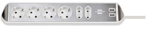 Brennenstuhl Estilo grenuttag 6-vägs (bordsuttag med rostfri yta för kök och kontor, strömlist med 4x skyddskontaktuttag, 2x eurouttag, inkl. USB-laddningsfunktion) silver/vit