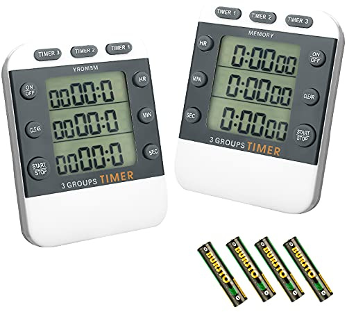 Photect 2 Pcs Digital Kitchen Timer 3 Channels Multi Timer Loud Adjustable Alarm Magnetic Count up Down Memory Preset Battery Included for Cooking Baking BBQ Study Classroom