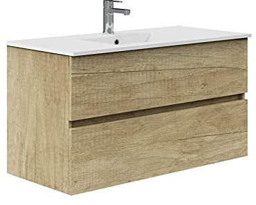Baikal Mobile da bagno Onyx. Sospeso a parete, con lavabo in ceramica. Varie finiture e misure. Mobile montato. 2 cassetti 90 Nature