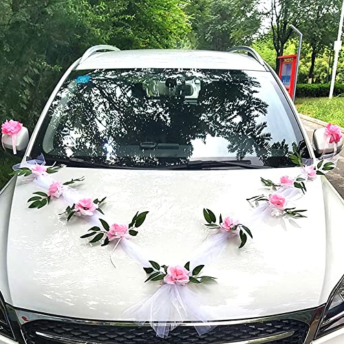 Organza Girlande Auto Schmuck Braut Paar Rosen Hochzeitsdeko Blumenschmuck Autoschmuck Hochzeitsauto Auto Rückspiegel Deko für Hochzeit Auto PKW Wedding New Houses Party Feier,Weiß Tüll+Rosa Blumen