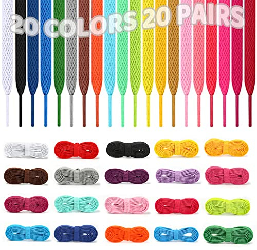 WanderGo 20 färgade skosnören multipack, platta skosnören för sneakers skridskor stövlar, hållbar ersättning, 120 cm/47 tum, 20 färger, flerfärgad, En storlek