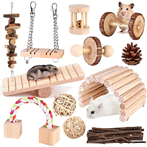 Jouet de Hamster, 12 Pièces Jouets à Mâcher pour Hamsters, Bois Jouets de Mâcher pour Petit Animal, Mâcher en Bois Naturel Petits Animaux pour Furets, Cobayes, Oiseau, Chinchilla, Souri, Rongeur