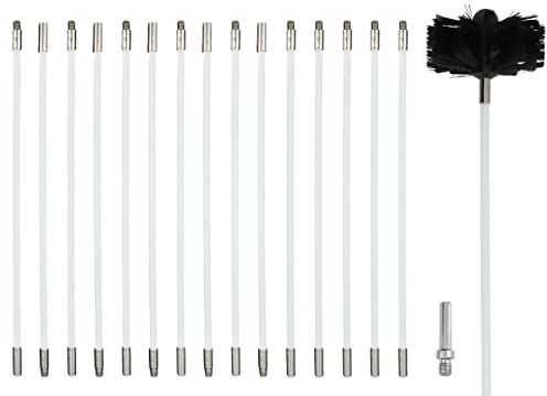 Kaminbürste Stange Set, Ofenrohrbürste Reinigungsset enthält 15 flexible Stangen, 1 Bürstenkopf und 1 Sechskantstange für Akku Bohrmaschine