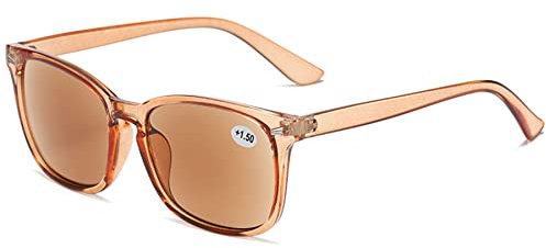 Lanomi Mode Getönte Lesebrille mit Sonnenschutz Damen Herren Sonnen Sehhilfe Lesehilfe Kunststoff Rechteckige Rahmen Sonnenbrille mit Sehstärke Transparent Braun Rahmen Braun Linsen 2.0