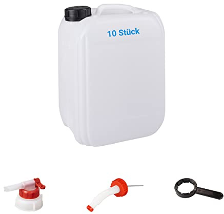 10 taniche impilabili da 10 litri DIN51, con rubinetto, beccuccio e chiave, materiale plastico, acqua, senza BPA, naturale