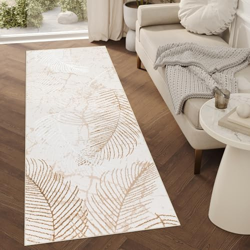 TAPISO Crystal Läufer Teppich Glänzend Gold Beige Braun Blätter Palmenblätter Wohnzimmer Schlafzimmer Flur Korridor Modern Design ÖKO-TEX 100 x 400 cm