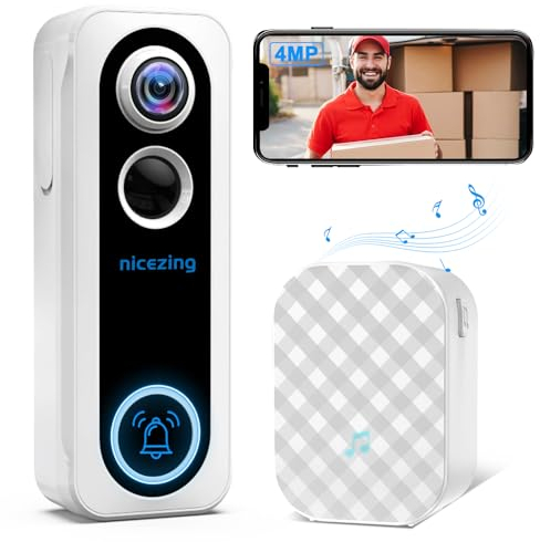 4MP QHD Videocitofono Wifi Campanello Video senza fili da Esterno, nicezing Citofono Telecamera con Suoneria, Batteria 10,000 mAh, Rilevamento Movimento PIR, Visione Notturna, Storage SD/Cloud, IP66