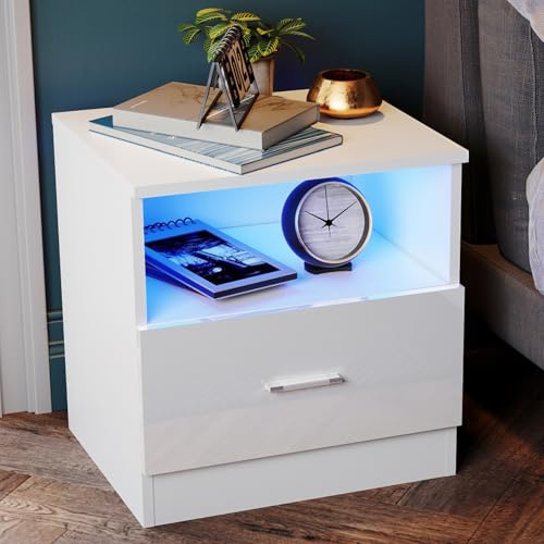 SONNI Nachttisch mit LED, Schubladen, Offenem Fach, 45x35x46.5cm, Weiß | Nachttische mit Einstellbare Farben LED, Beistelltisch, Nightstand, Sofatisch, Nachtschrank für Schlafzimmer, Wohnzimmer