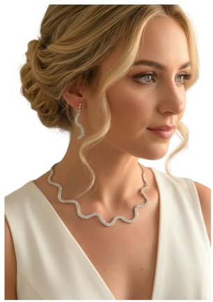 ONDEGO® Schmuckset Damen Silber – V-Collier Halskette mit Ohrringen – Strass Schmuck für Hochzeit Abiball Jugendweihe Kommunion Ball