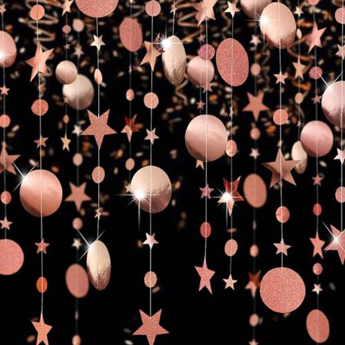 Rose Gold Hanging Paper Garland,Glitter Circle Star Paper Decoration for Party(52 Ft/4 Pack)