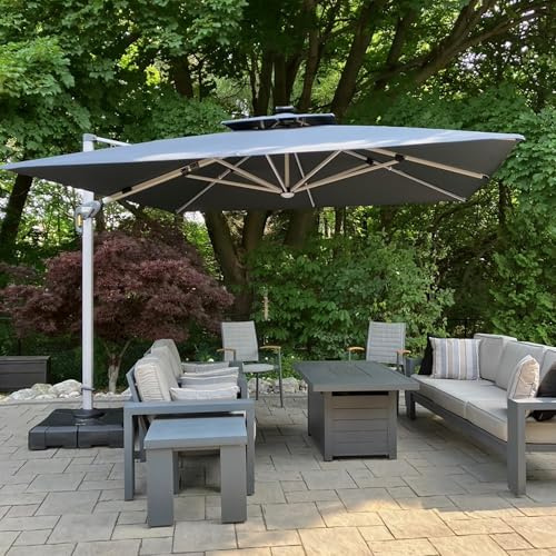 PURPLE LEAF Parasol Déporté 3,3 x 3,3 m Gris avec LED et Pied Toit Double | Rotatif 360°, Disponible en 6 hauteurs, Mât et baleines en aluminium, Antirouille et résistants aux rayures, UPF50+, Patio
