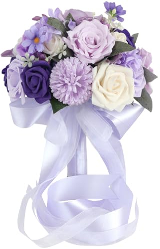 Fouriding Bouquet di rose artificiali per sposa, bouquet da sposa per damigella d'onore, cerimonie, anniversari, feste, addio al nubilato, bouquet di nozze (colore lilla viola)
