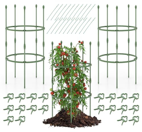 RELAX4LIFE Tomaten Rankhilfe 3er Set, 102cm hoch, 2 verstellbare Ringe, Tomatenkäfig Pflanzenstütze Metall & Kunststoff, Rankgitter für Kletterpflanzen Tomaten Blumen Gemüse (102cm hoch-3 Pack)