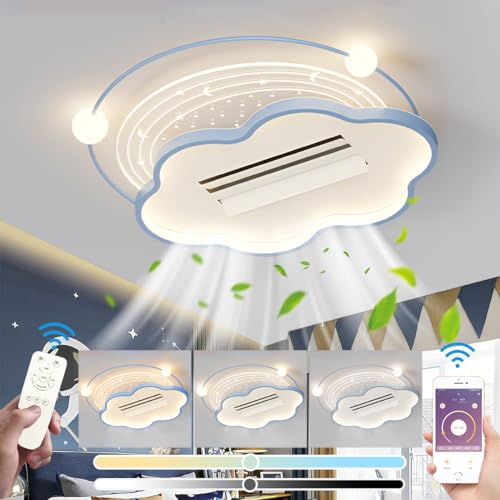 LED Kinder Deckenleuchte mit Ventilator Blattloser Leise Deckenventilator mit Beleuchtung und Fernbedienung Dimmbar Wolke Kinderzimmer Lampe Fan Deckenlampe Jungen Mädchen Schlafzimmer Licht (Blau)