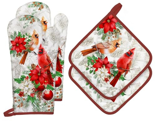 Arquiel Weihnachten Vögel Ofenhandschuh und Topflappen 4er-Set Baumwolle | Baumwoll-Küchenset mit Weihnachten Vögel-Motiv, hitzebeständig und praktisch zum Kochen, Backen und Grillen.