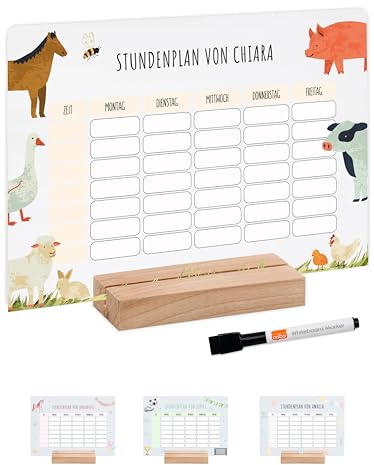 Bärenfreunde® - Personalisierbarer & Abwaschbarer Stundenplan aus Acryl + Stift, Holzhalter - Einschulung Geschenk, Schultüte zum Schulanfang oder Grundschule (Bauernhof,ohne Holzhalter)
