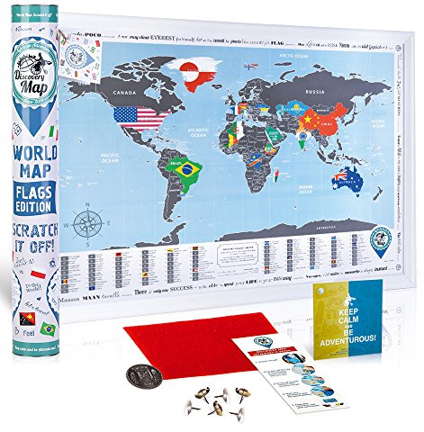 DMap factory™ Världskarta för skrapning med flaggor – 68 x 48 cm – landsflaggor, huvudstäder, tillbehör och presentrör – Scratch-off Map, Flaggutgåva, resekort