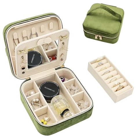 Boxudeli Travel Jewellery Organiser, Velvet Jewellery Travel Box with Mirror, Small Jewellery Storage Boxes for Women Girls, Jewellery Box for Rings Earrings Necklaces Bracelets (Olive green)