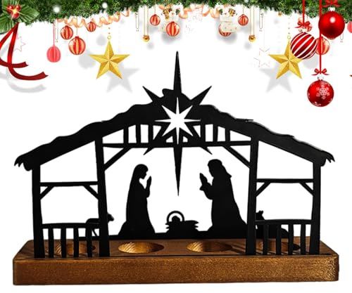 Monozoz Christmas Candle Holder,Nativity Scene Metal Candlesticks - Decorative Candle Stand, Holiday Candle Holder with Wood Base for Dining Tables, Bookshelves