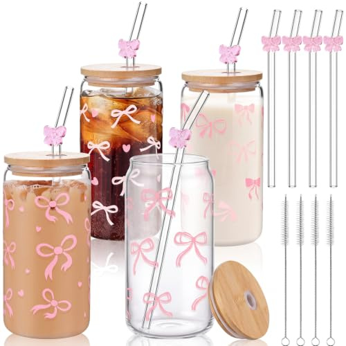 Yetene 4 Set Bows Glass Cups with Lids and Straws for Women Coquette Aesthetic Coffee Cup 16 oz Pink Iced Coffee Smoothie Cup Reusable Cup Glass for Soda Cocktail Whiskey Coffee Tea Water