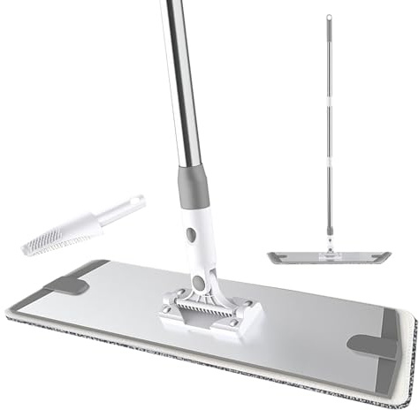 Balai à Franges Plat Commercial en Microfibre avec 3 Robuste en Acier Inoxydable montable,raclette,Balai Serpillère pour Nettoyage des Sols Bois Dur (90cm)