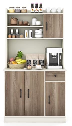 COSTWAY 180CM Küchenschrank mit Arbeitsplatte, Buffetschrank mit 4 verstellbaren Regalen & Kabelöffnungen, Hochschrank Küche, Aufbewahrungsschrank für Küche Esszimmer Wohnzimmer (Weiß)