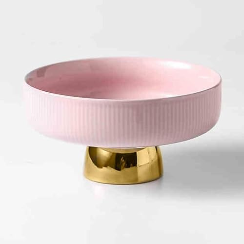 EEYZD Frutero cerámica,frutero Redondo con Pedestal Dorado,frutero Decorativo Moderno para encimera Cocina,Bandeja para exhibición de postres y ensaladas,Rosado,6in