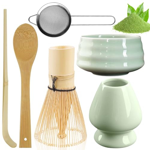 Lot de 6 sets à thé matcha : bol à matcha en céramique, fouet à matcha avec 2 cuillères à matcha, whisky matcha, passoire à poudre de matcha, fouet à thé en bambou, ensemble d'accessoires pour matcha